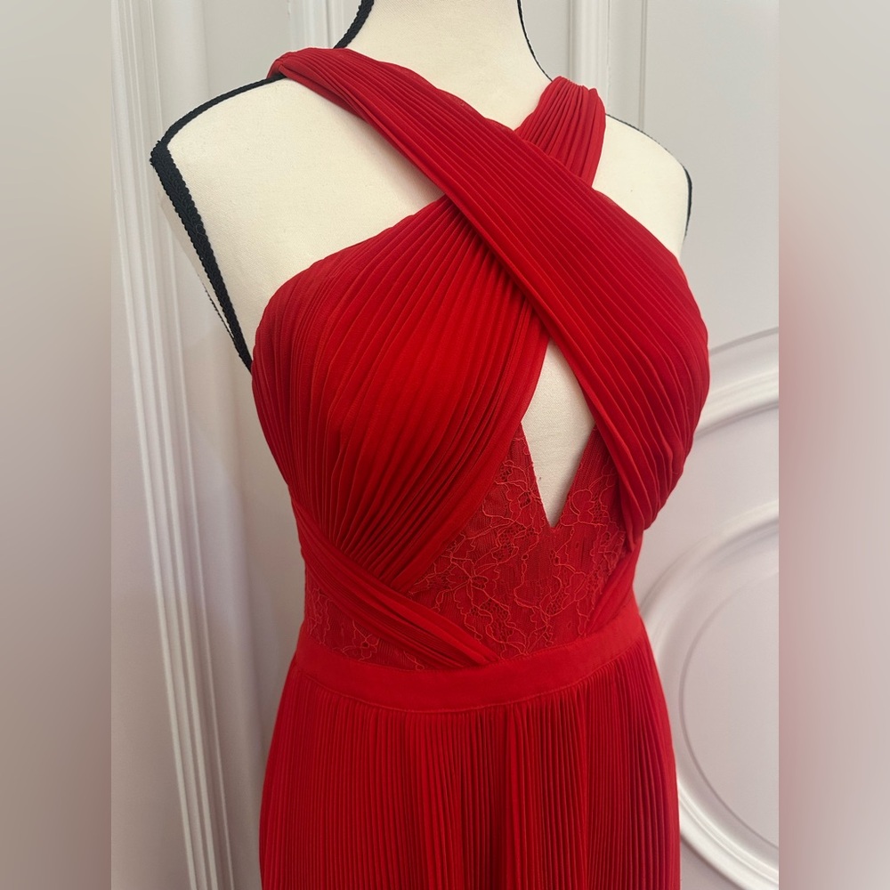 Guess Red Formal Lace Pleated Dress with Cut Out & Crisscross Neckline (Size 4) - Picture 2 of 13
